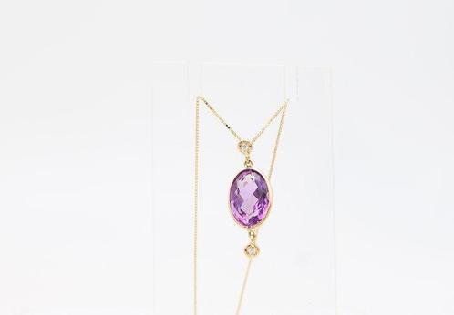 Ketting met hanger - 18 karaat Geel goud Amethist - Diamant, Handtassen en Accessoires, Antieke sieraden
