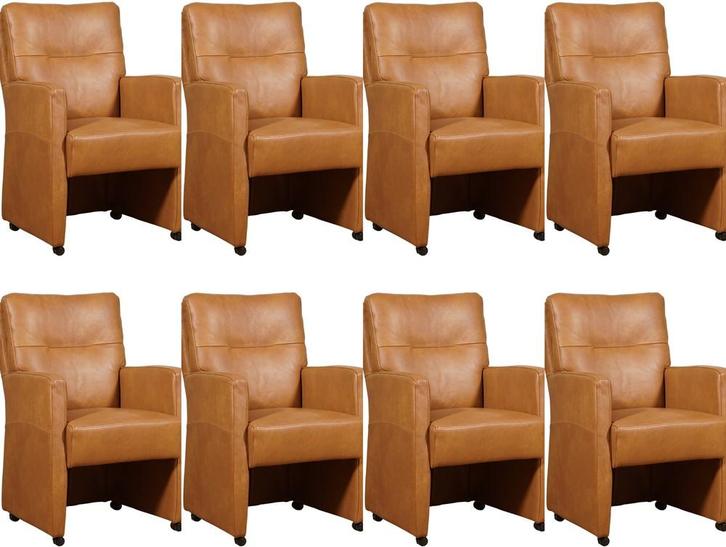 Set van 8 Cognac leren landelijke eetkamerfauteuils -, Huis en Inrichting, Stoelen, Overige kleuren, Vijf, Zes of meer stoelen