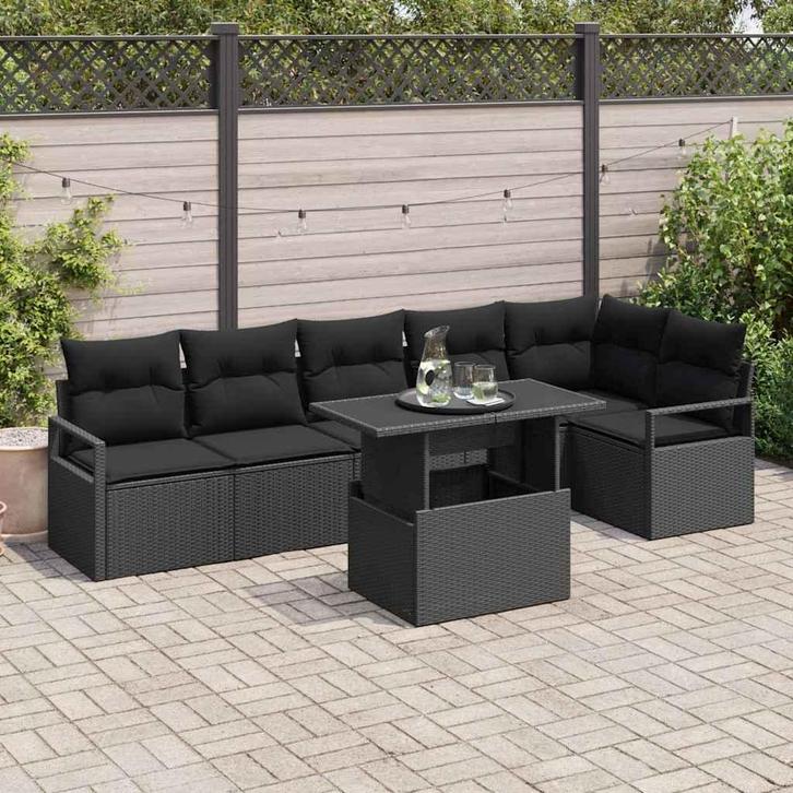 vidaXL Tuinbank Set met kussen 7 pcs Zwart Poly rattan, Tuin en Terras, Tuinsets en Loungesets, Nieuw, Verzenden