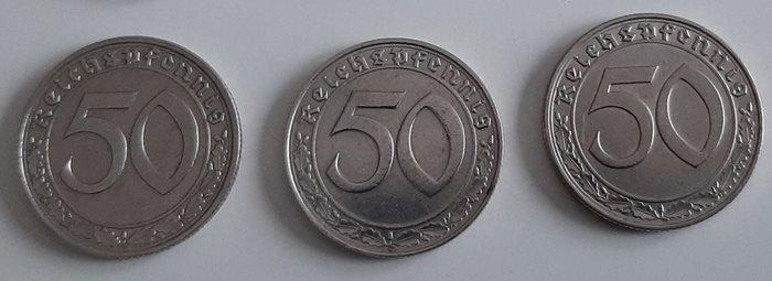 Duitsland. 3x 50 Reichspfennig pfennig pf 1939 A D J Nikkel, Timbres & Monnaies, Monnaies | Europe | Monnaies non-euro