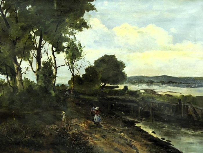 Italiaanse school (XIX) - Paesaggio Lacustre con figure, Antiek en Kunst, Kunst | Schilderijen | Klassiek