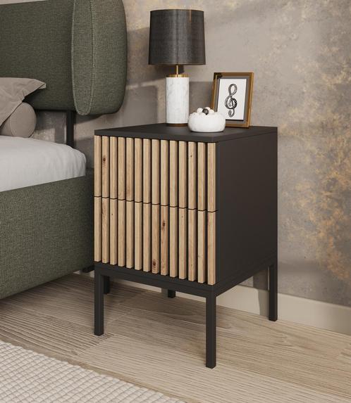 Meubella Nachtkastje zwart 40 cm met 2 lades - Latjes, Huis en Inrichting, Kasten | Overige, Nieuw, Verzenden