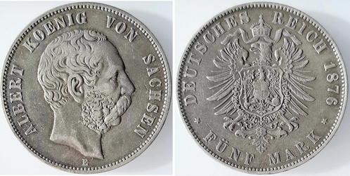 Kaiserreich 5 Mark Sachsen Albert J122 1876e ss+ schoene..., Timbres & Monnaies, Monnaies | Europe | Monnaies non-euro, Envoi