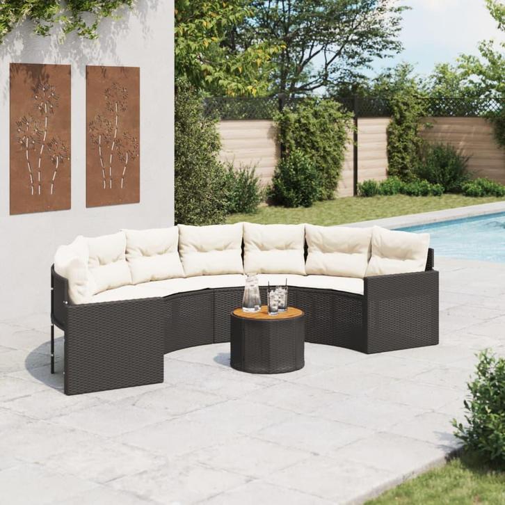 vidaXL Tuinbank met tafel en kussens halfrond poly rattan, Tuin en Terras, Tuinsets en Loungesets, Nieuw, Verzenden