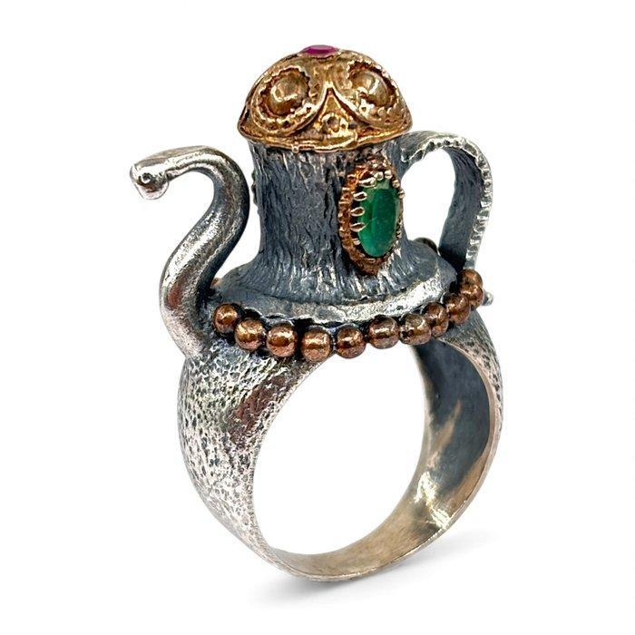 Zonder Minimumprijs - Ring Zilver Robijn - Smaragd -, Handtassen en Accessoires, Ringen