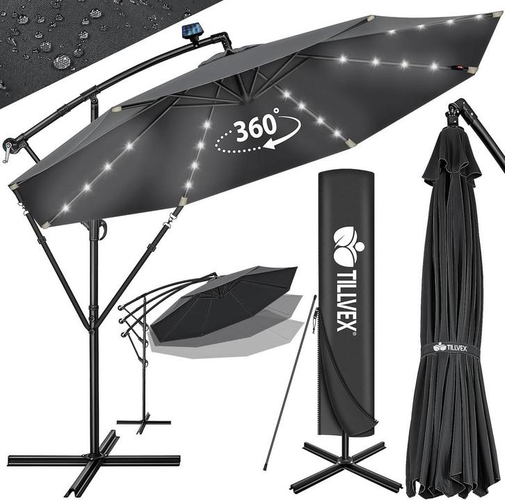 Tillvex® LED Parasol - Zweefparasol - Ø300cm - 360° Draaibaa, Tuin en Terras, Parasols, Nieuw, Verzenden