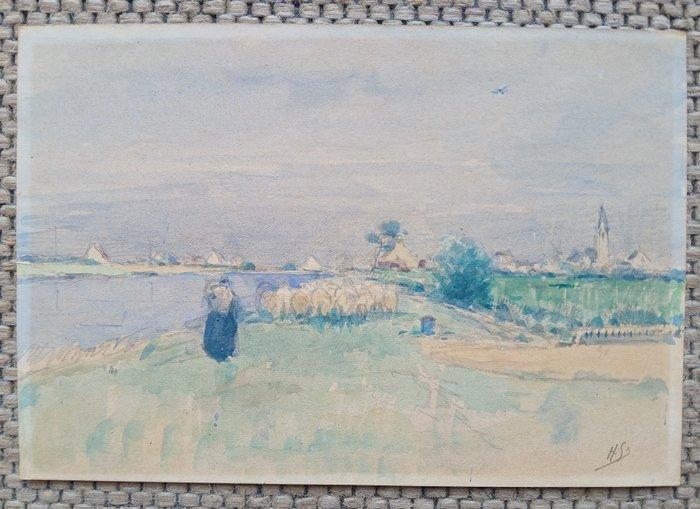 Henri Seghers (1848-1919) - Herder in de polders - omgeving, Antiek en Kunst, Kunst | Schilderijen | Klassiek