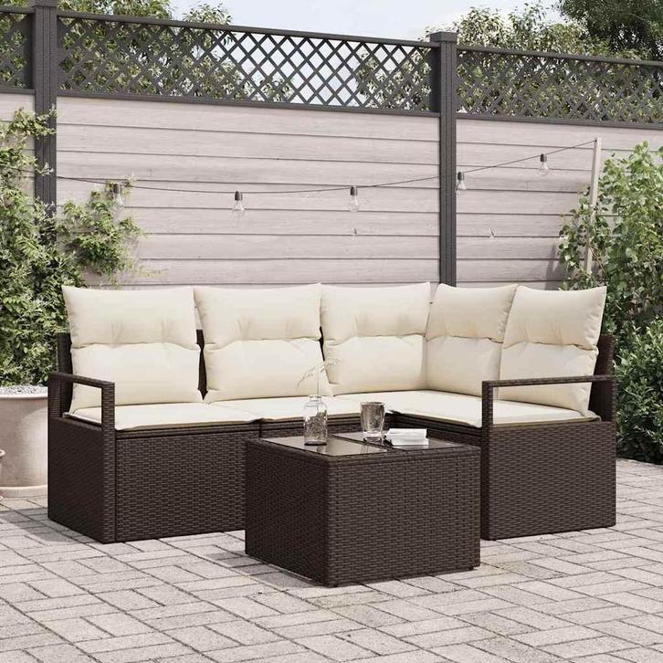 vidaXL Bankstel met kussen met opslag 5 pcs Bruin en Crème, Tuin en Terras, Tuinsets en Loungesets, Nieuw, Verzenden