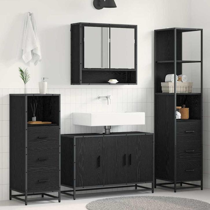 vidaXL Badkamermeubel Set met lade 4 pcs Zwart eiken 90 x 33, Huis en Inrichting, Badkamer | Badkamermeubels, Nieuw, Verzenden