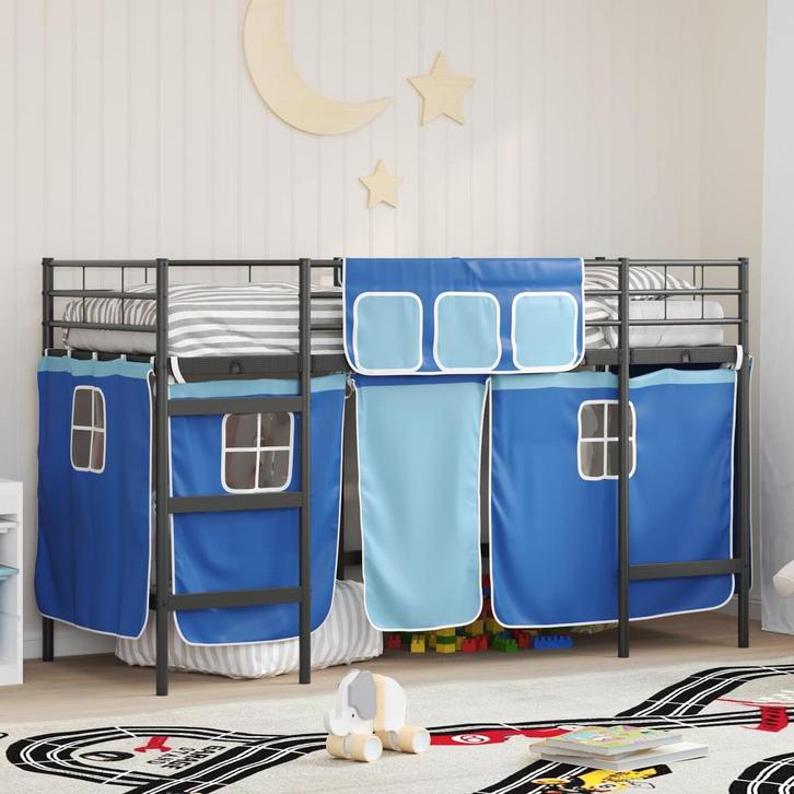 vidaXL Loftbed voor kids met gordijnen Zwart en Blauw 74,5 x, Maison & Meubles, Chambre à coucher | Lits, Envoi