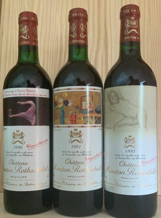 1990 , 1991 & 1993 Chateau Mouton Rothschild - Bordeaux,, Verzamelen, Wijnen