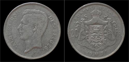 Belgium Albert I 20 frank (4belga) 1931fr-pos A nickel, Postzegels en Munten, Munten | Europa | Niet-Euromunten, België, Verzenden