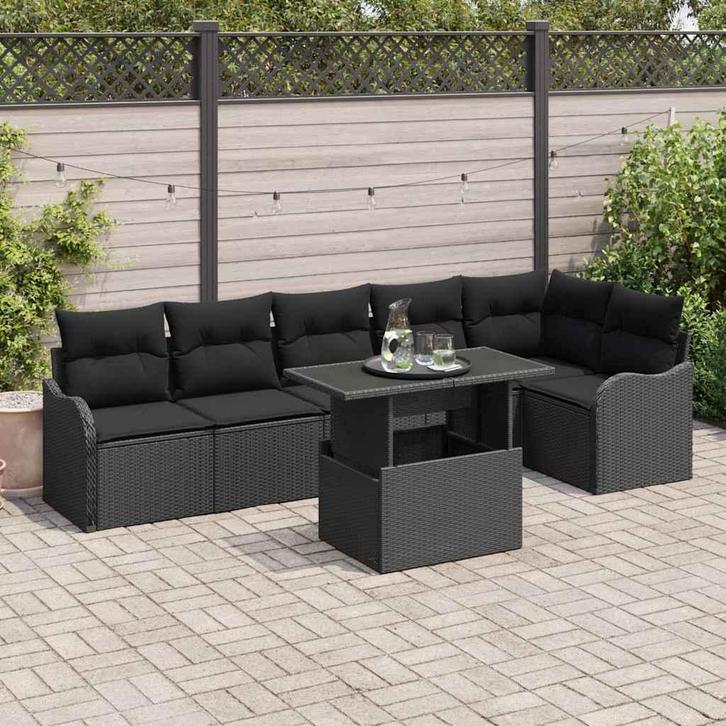 vidaXL Tuinbank Set met kussen met kussen 7 pcs Zwart Poly, Tuin en Terras, Tuinsets en Loungesets, Nieuw, Verzenden