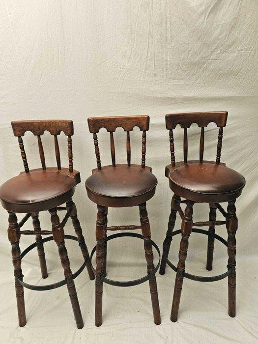 Kruk (3) - Set van Landelijke Lederen Barkrukken - Hout, Antiquités & Art, Curiosités & Brocante