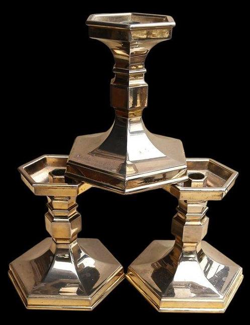 Nagel - Kandelaar - Messing, Verguld - Drie grote, zware, Antiek en Kunst, Curiosa en Brocante