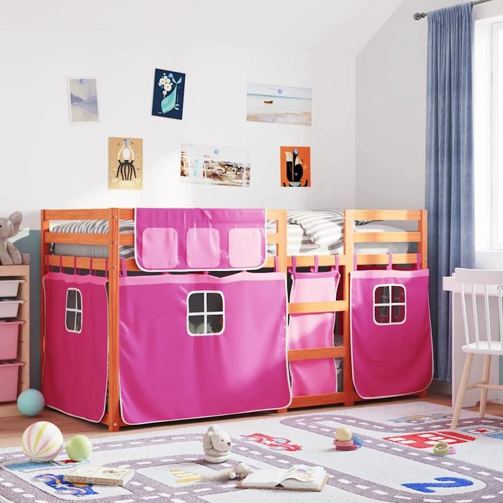 vidaXL Stapelbed met gordijnen 90x200 cm grenenhout roze, Huis en Inrichting, Slaapkamer | Bedden, Nieuw, Verzenden