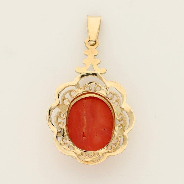 Hanger - 14 karaat Geel goud - 4.20ct. tw. Bloedkoraal, Handtassen en Accessoires, Antieke sieraden