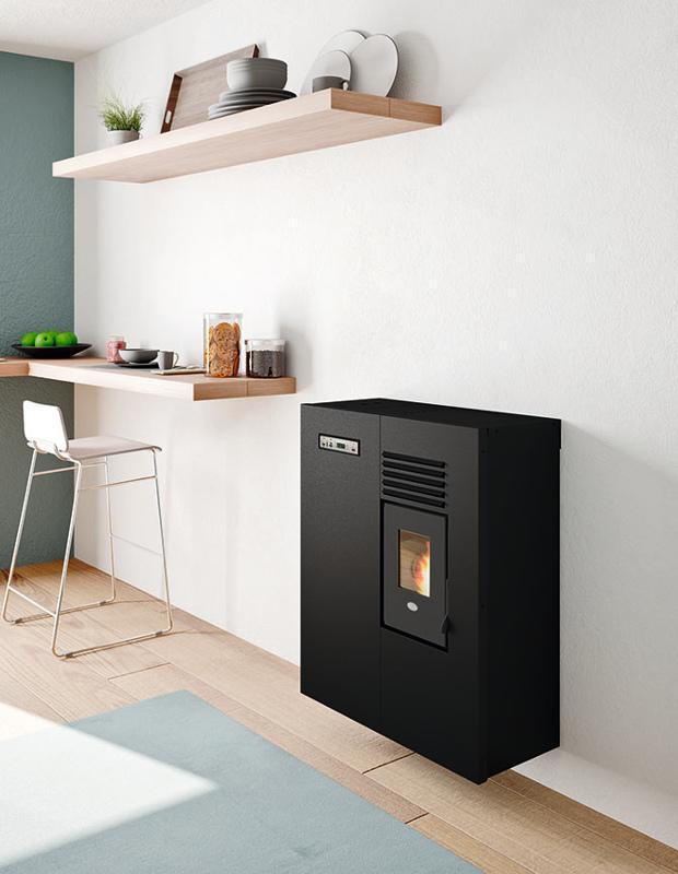 Pelletkachel plat Eco 60 5 kW hangen of staand verwarmt 90m3, Huis en Inrichting, Kachels, Pelletkachel, Hout, Nieuw, Hangend