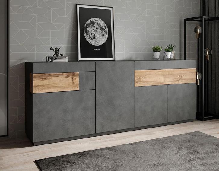 Dressoir Sublime - Grijs - Eiken - 219 cm, Huis en Inrichting, Kasten | Dressoirs, 25 tot 50 cm, Nieuw, 200 cm of meer, Verzenden