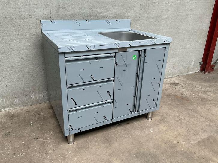 Spoeltafel met draaideuren en 3 laden 1 bak rechts 100cm, Zakelijke goederen, Horeca | Keukenapparatuur, Nieuw in verpakking, Inox Meubilair