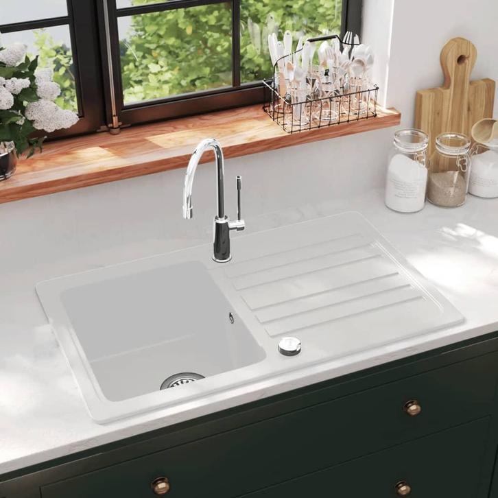 vidaXL Spoelbak graniet enkele bak met afvoer omkeerbaar wit, Huis en Inrichting, Keuken | Keukenelementen, Nieuw, Verzenden