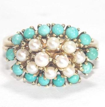 Bague - 14 carats Or jaune - 11.47ct. tw. Turquoise - Perle