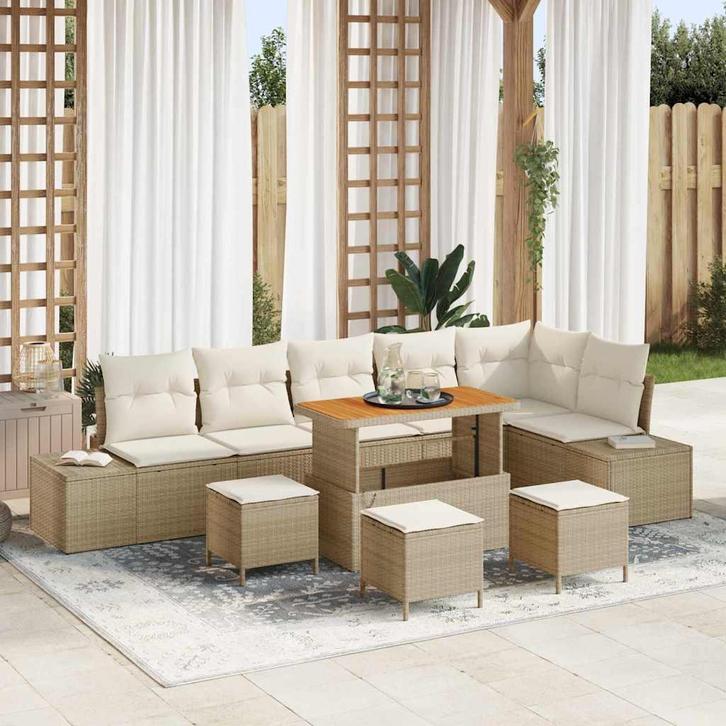 vidaXL Tuinbank Set met kussen 10 pcs Beige Poly rattan, Tuin en Terras, Tuinsets en Loungesets, Nieuw, Verzenden