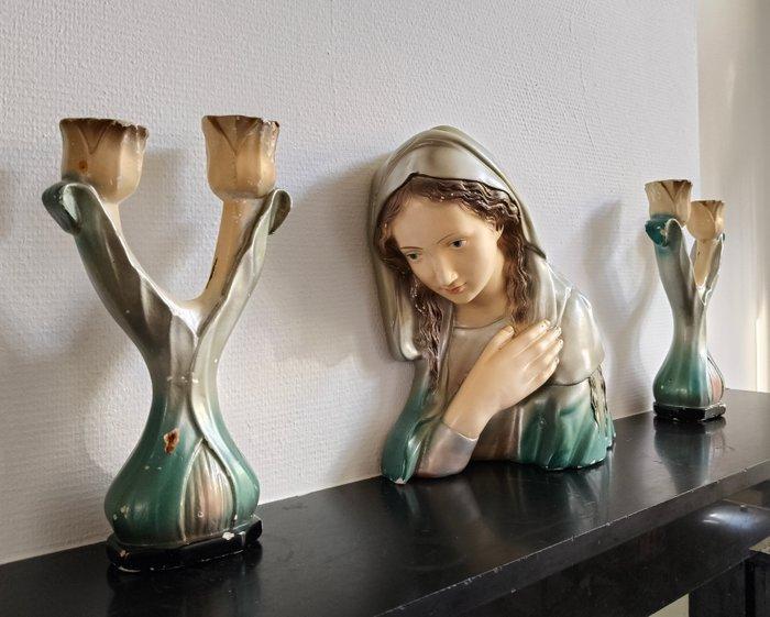 Beeld, Heilige Maagd Maria + 2 bijpassende tulp kandelaars -, Antiek en Kunst, Antiek | Boeken en Manuscripten