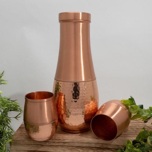 Puur koperen set van karaf druppelvorm gehamerd ± 950 ml met, Sport en Fitness, Gezondheidsproducten en Wellness, Ophalen of Verzenden