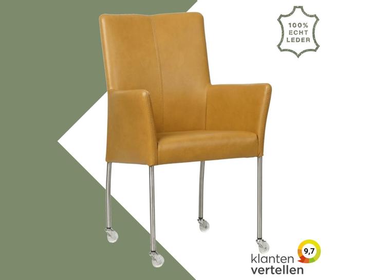Leren eetkamerstoel Comfort met wieltjes en armleuning -, Huis en Inrichting, Stoelen, Bruin, Eén, Nieuw, Leer, Ophalen of Verzenden