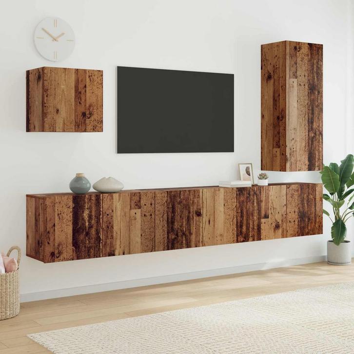 vidaXL TV Wand Eenheid Wandgemonteerd 5 pcs Oud Hout Bewerkt, Maison & Meubles, Armoires | Mobilier de télévision, Envoi