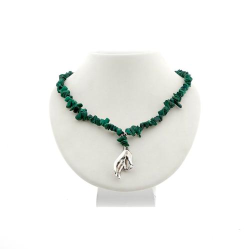 Malachiet kralen collier met zilveren hanger en sluiting..., Handtassen en Accessoires, Kettingen, Overige kleuren, Gebruikt, Met edelsteen