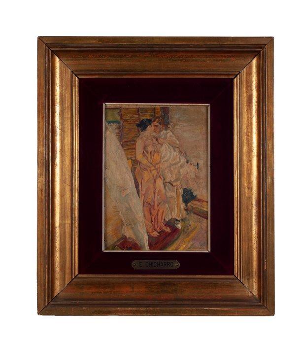 Escuela española (XX), firmado E. Chicharro - Interior, Antiek en Kunst, Kunst | Schilderijen | Klassiek