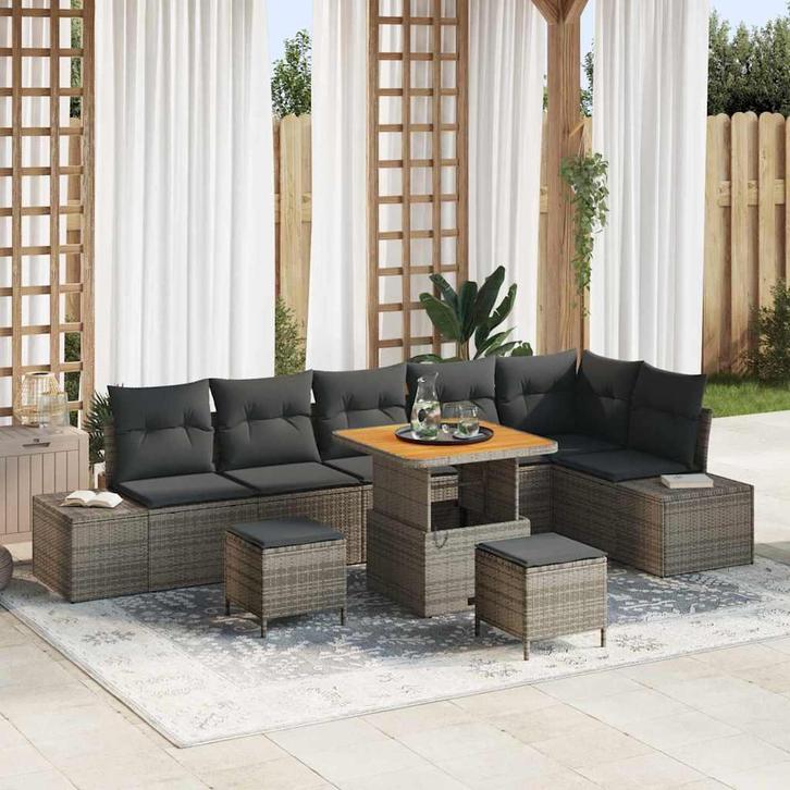 vidaXL Tuinbank Set met kussen 9 pcs Grijs Poly rattan, Tuin en Terras, Tuinsets en Loungesets, Nieuw, Verzenden