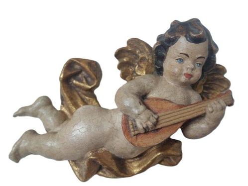 Snijwerk, Holzfigur -  farbiger Engel mit Mandoline -, Antiek en Kunst, Antiek | Boeken en Manuscripten