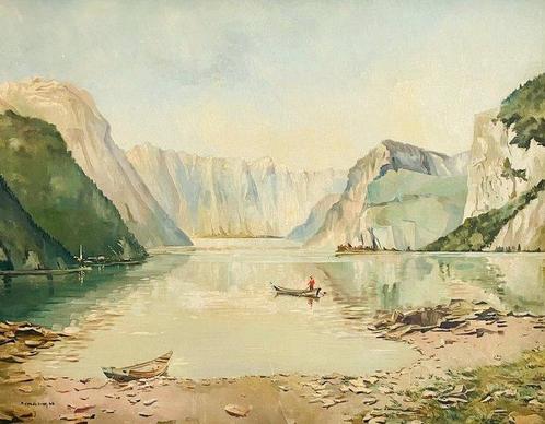 P. Vogelsang (XX) - Ruderboot auf einem Gebirgssee, Antiek en Kunst, Kunst | Schilderijen | Klassiek