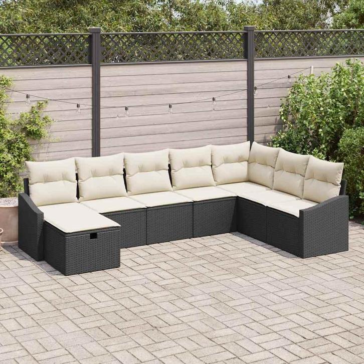 vidaXL Tuinbank Set met kussen 8 pcs Zwart Poly rattan, Tuin en Terras, Tuinsets en Loungesets, Nieuw, Verzenden