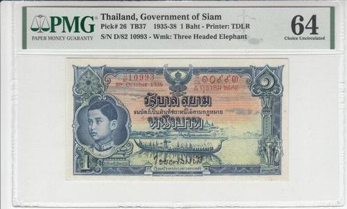1936 Thailand P 26 1 Baht Pmg 64, Postzegels en Munten, Bankbiljetten | Europa | Niet-Eurobiljetten, België, Verzenden