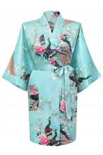 KIMU® Kimono Lichtblauw Kort S-M Yukata Satijn Boven de Knie, Nieuw, Ophalen of Verzenden