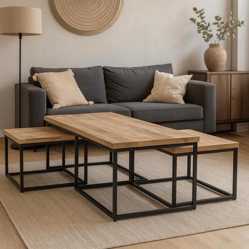 Salontafel Mangohout Set Yves Met 3 Tafeltjes, Huis en Inrichting, Tafels | Salontafels, Nieuw, Overige houtsoorten, Overige vormen
