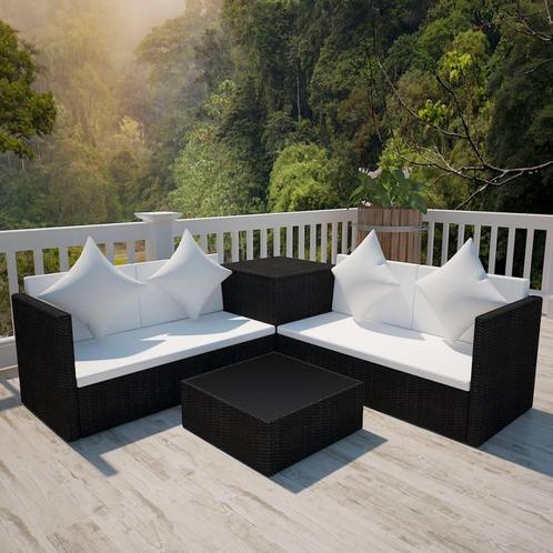vidaXL 4-delige Loungeset met kussens poly rattan zwart, Tuin en Terras, Tuinsets en Loungesets, Loungeset, Nieuw, Verzenden