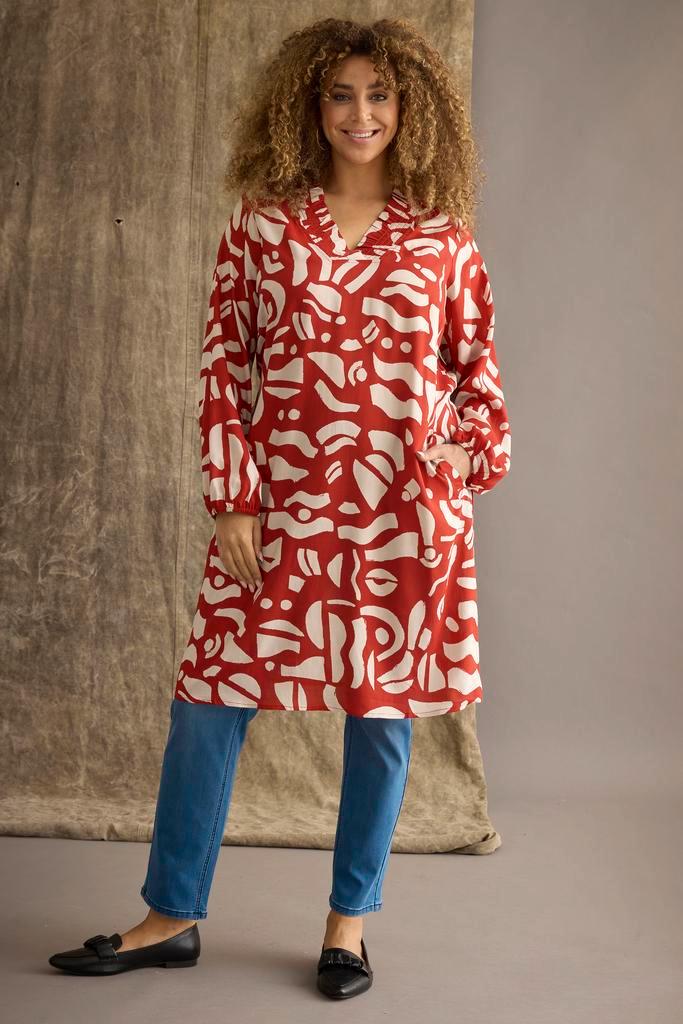 ZHENZI rode print jurk OneyL=50-52Maat 46/48 (XL) of groter, Kleding | Dames, Jurken, Overige kleuren, Nieuw, Maat 46/48 (XL) of groter