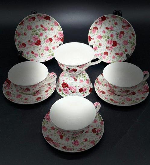 Casa Nova Tassen-Set mit Rosen-Dekor – 5 Tassen mit, Antiek en Kunst, Antiek | Meubels | Tafels