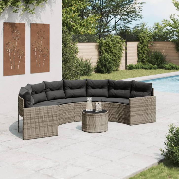 vidaXL Tuinbank met tafel en kussens halfrond poly rattan, Tuin en Terras, Tuinsets en Loungesets, Nieuw, Verzenden