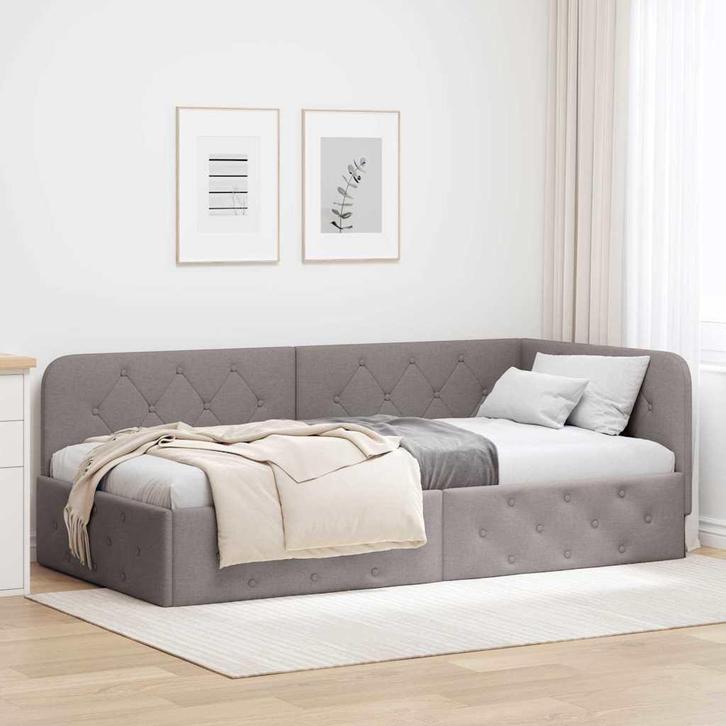 vidaXL Hoek Bed Frame met hoofdeinde Taupe 100 x 200 cm Stof, Huis en Inrichting, Slaapkamer | Bedden, Nieuw, Verzenden