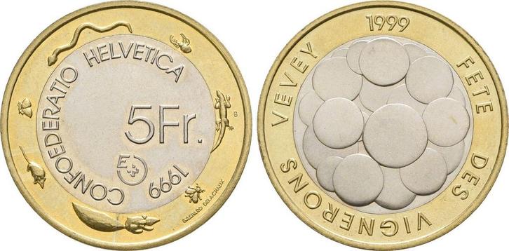 5 Franken Probe Fete des Vignerons 1999 Schweiz:, Postzegels en Munten, Munten | Europa | Niet-Euromunten, België, Verzenden