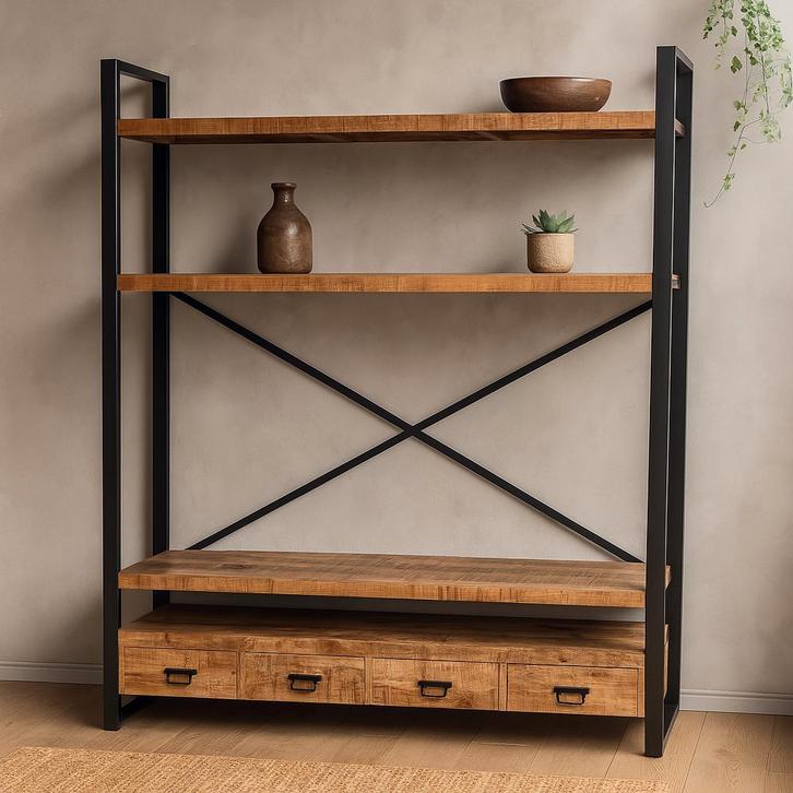 Boekenkast Mangohout Britt 180 cm, Huis en Inrichting, Kasten | Boekenkasten, 25 tot 50 cm, Nieuw, Overige houtsoorten, 200 cm of meer