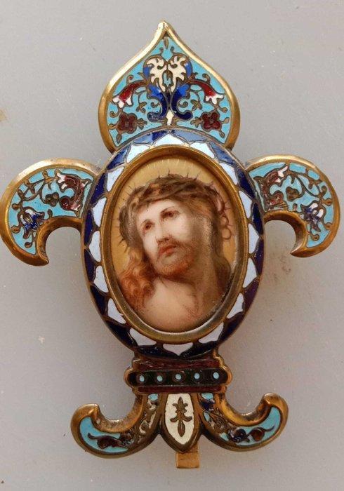 Driepotig portret van Jezus - Koper, Email cloisonné - Begin, Antiek en Kunst, Kunst | Niet-Westerse kunst
