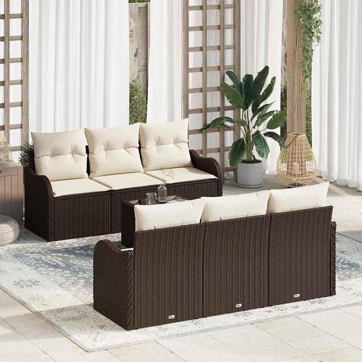 vidaXL Tuinbank Set 7 pcs Bruin en Crème Poly rattan, staal, Tuin en Terras, Tuinsets en Loungesets, Nieuw, Verzenden