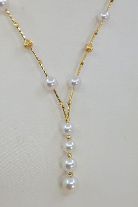 Halsketting - 18 karaat Geel goud - 4x8,5mm Akoya parels, Handtassen en Accessoires, Kettingen